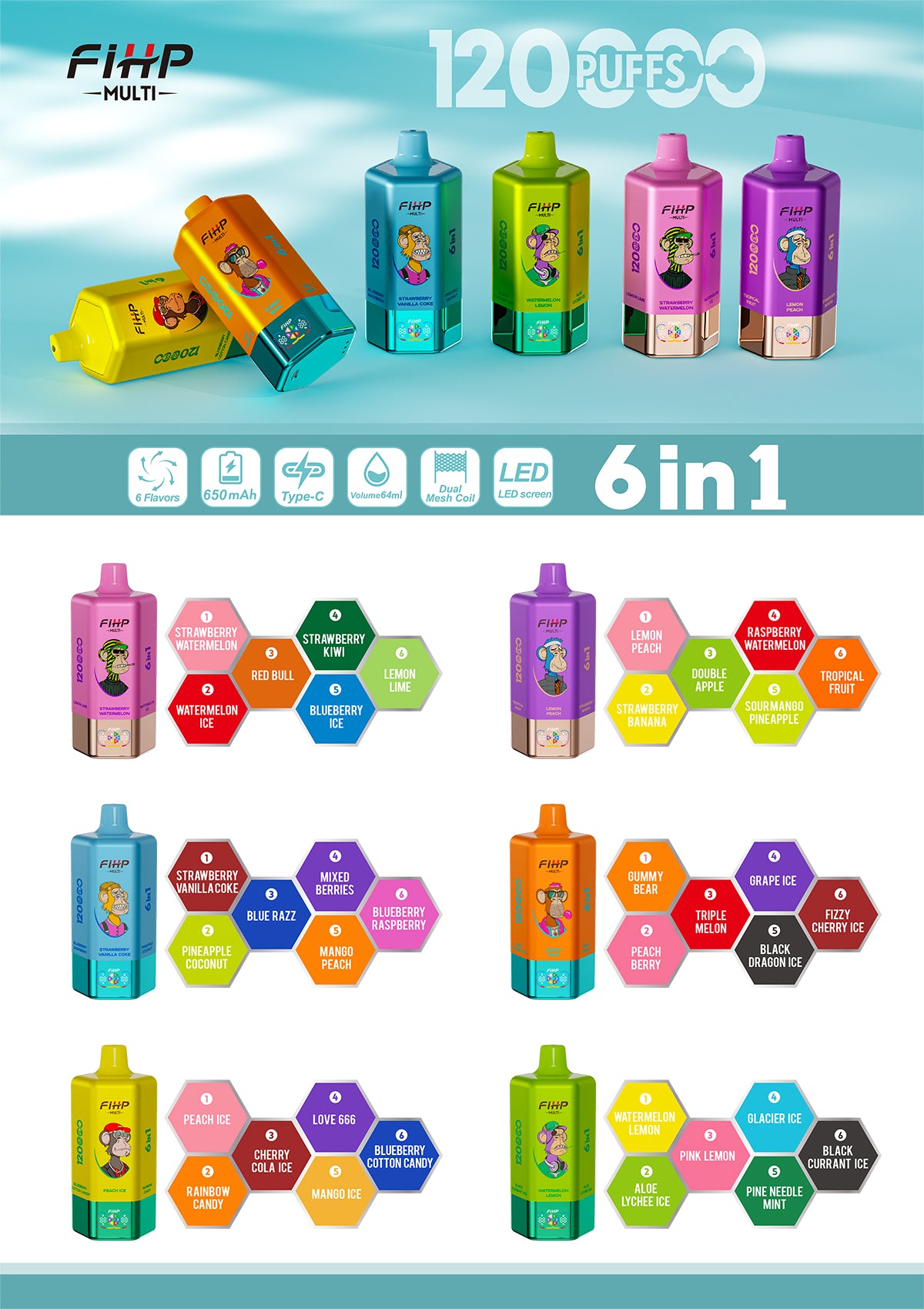 FIHP 120k Puffs 6in1 Multi tastes Vape