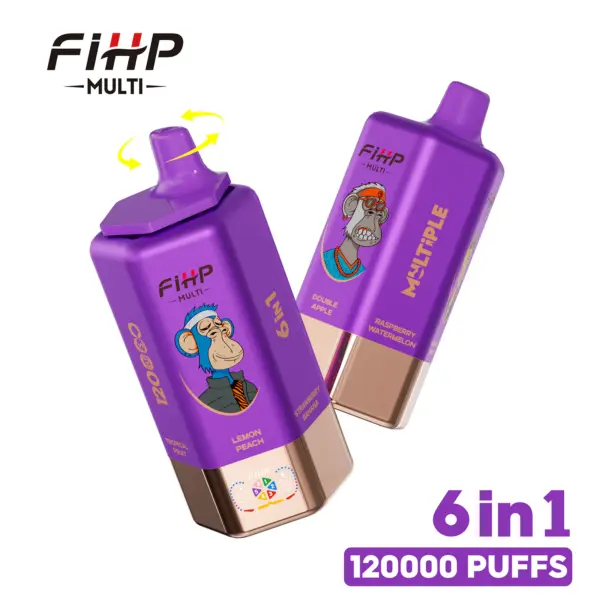 Front and back views of FiHP Multi 120K 6-in-1 devices in purple colorways