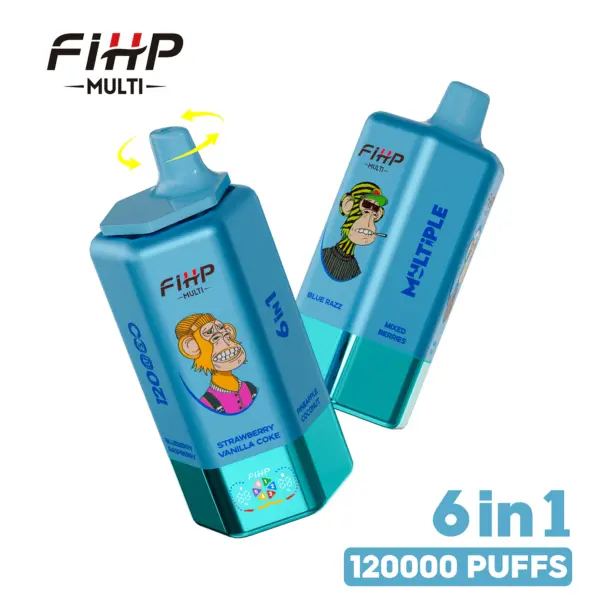 Front and back views of FiHP Multi 120K 6-in-1 devices in blue and cyan colorways
