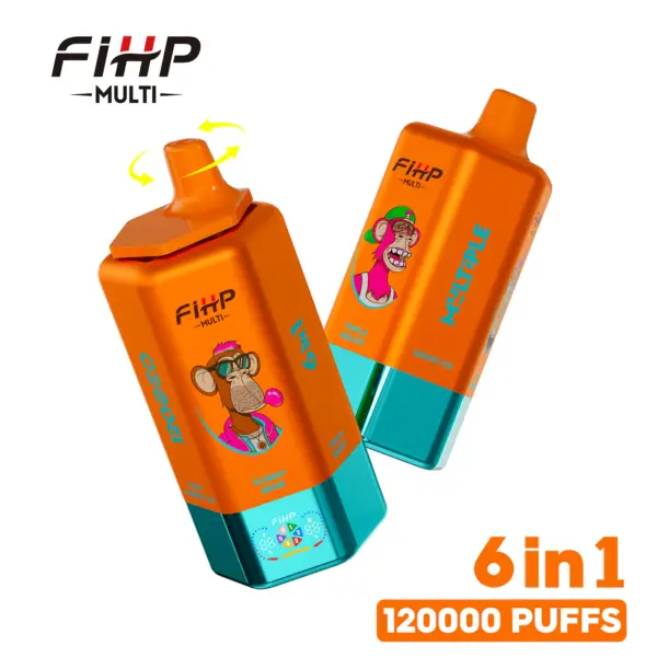 Front and back views of FiHP Multi 120K 6-in-1 devices in orange and teal colorways