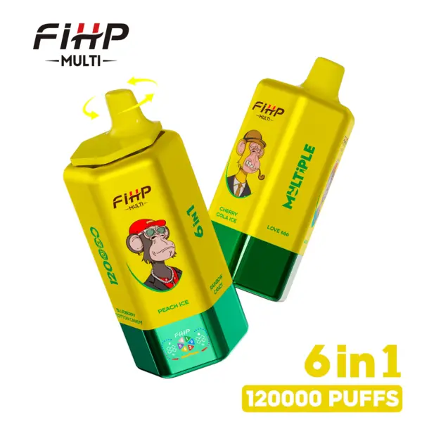 Front and back views of FiHP Multi 120K 6-in-1 devices in yellow and green colorways