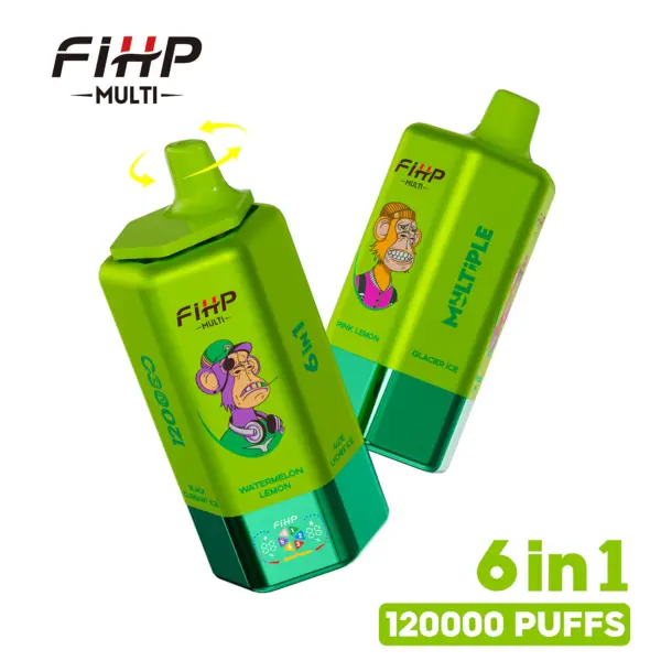 Front and back views of FiHP Multi 120K 6-in-1 devices in lime green colorways
