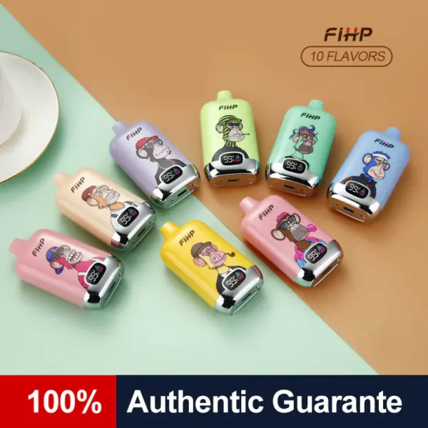 FiHP 12K disposable vape lineup arranged in ten color and flavor designs
