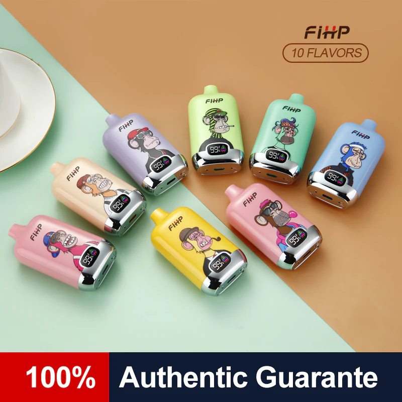 FiHP 12K disposable vape lineup arranged in ten color and flavor designs