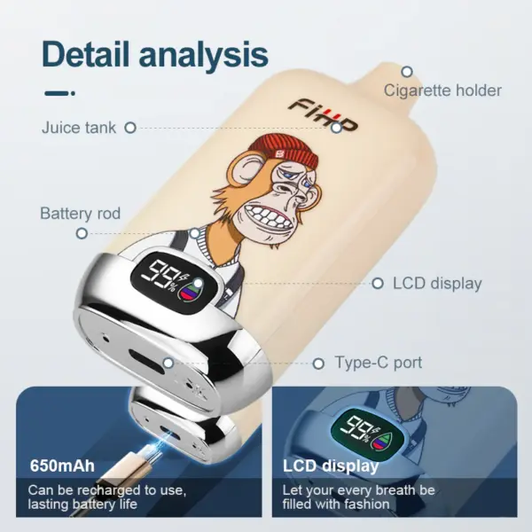 FiHP 12K device detail diagram showing the e-liquid tank, battery, LCD display and Type-C port