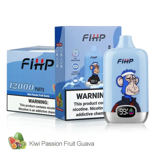 FiHP 12K Kiwi Passion Fruit Guava disposable vape with matching retail package