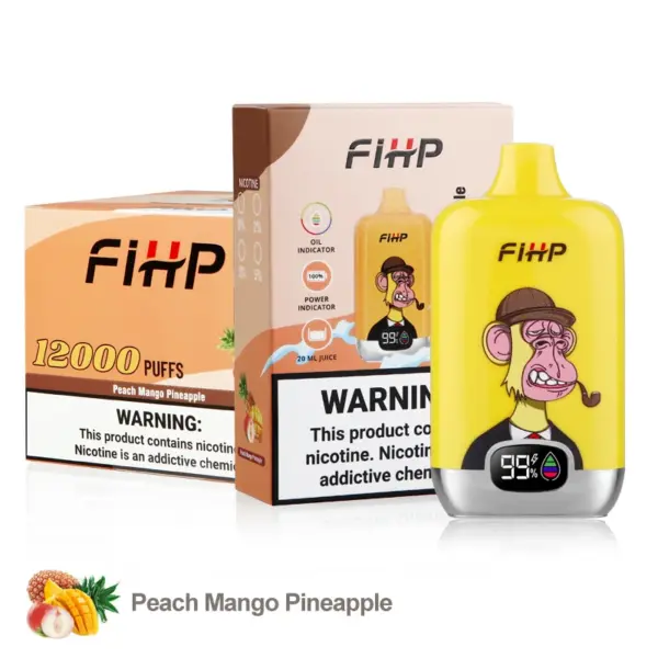 FiHP 12K Peach Mango Pineapple disposable vape with matching retail package