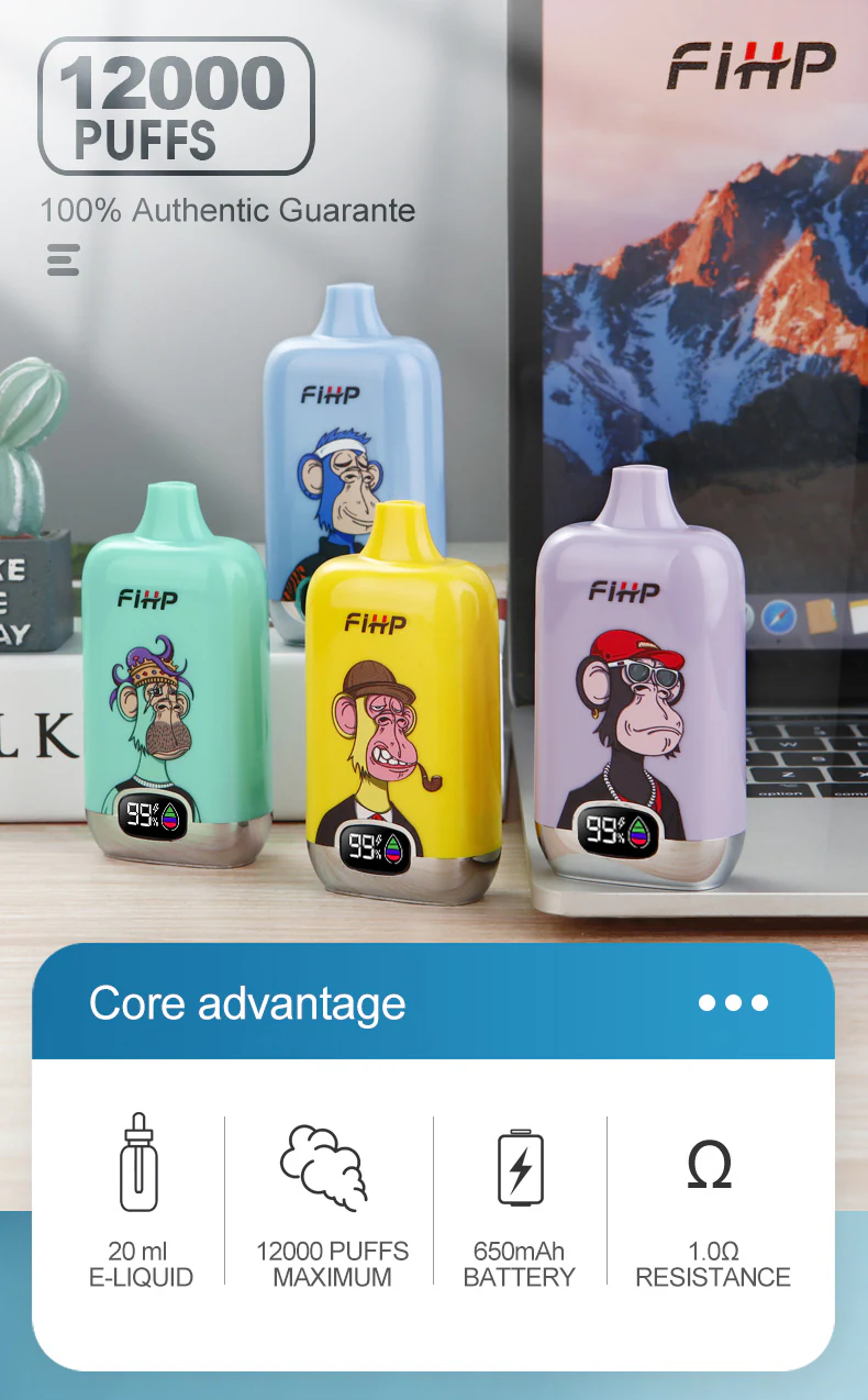 FiHP 12K promotional graphic showing three devices and key battery, e-liquid and coil specifications