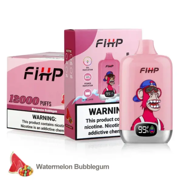 FiHP 12K Watermelon Bubblegum disposable vape with matching retail package