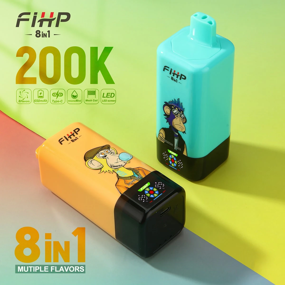 Two FiHP 200K 8-in-1 disposable vapes in turquoise and orange colorways