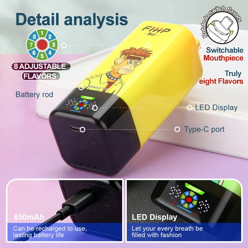 FiHP 200K device detail diagram showing eight adjustable flavors, LED display, Type-C port and 650mAh battery