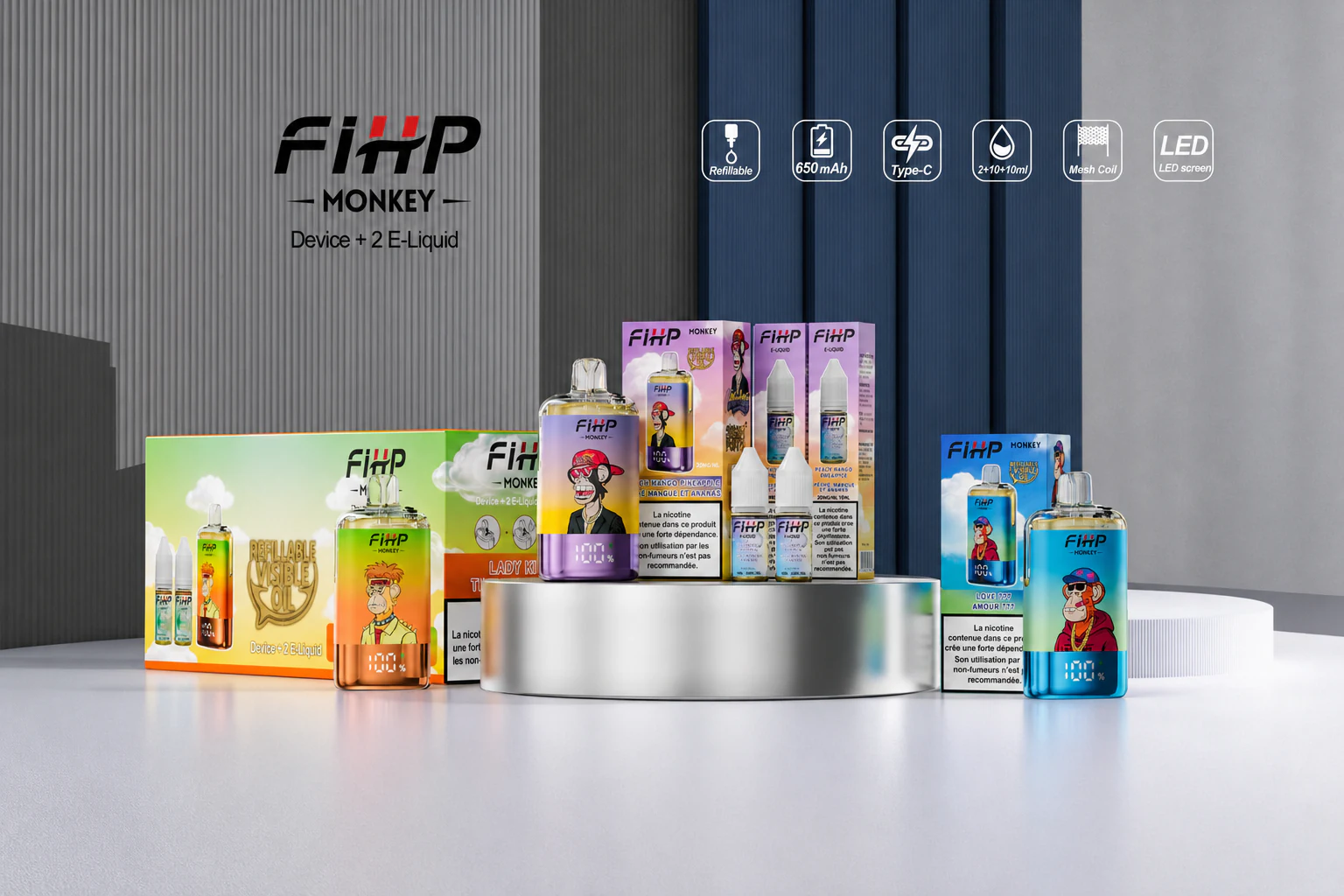 FiHP Monkey 30K: devices, refill bottles and retail packaging.