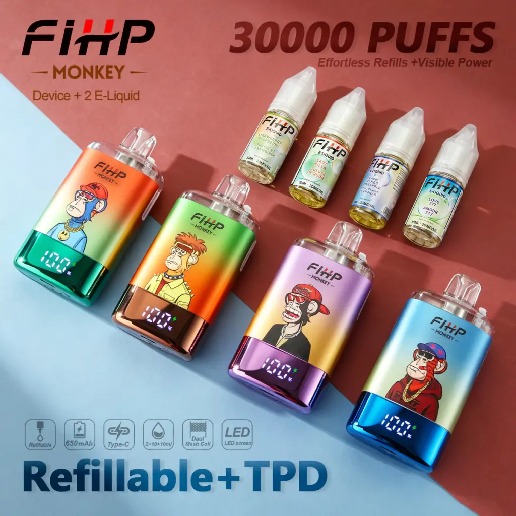 FiHP Monkey 30000 Puff refillable vape with TPD refill bottles
