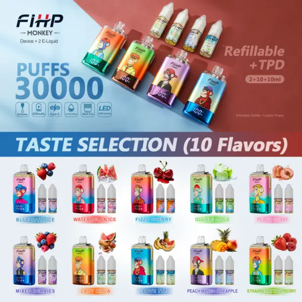 FiHP Monkey 30K chart showing ten refillable vape flavor options