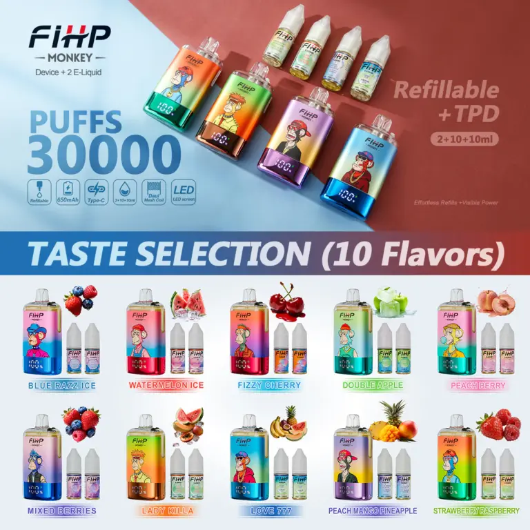 FiHP Monkey 30K chart showing ten refillable vape flavor options