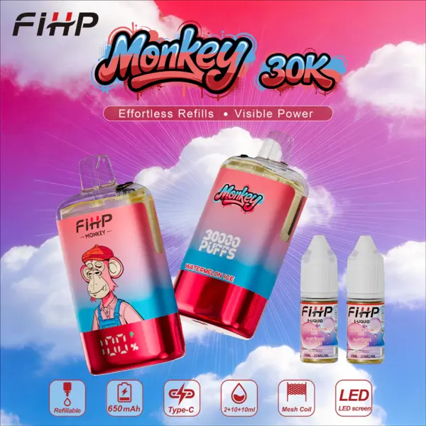 FiHP Monkey 30K refillable vape devices and refill bottles in red and magenta colorways