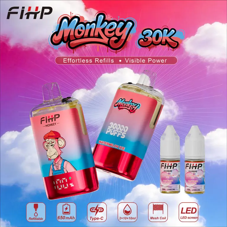 FiHP Monkey 30K refillable vape devices and refill bottles in red and magenta colorways
