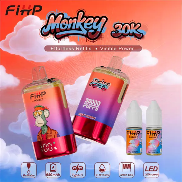 FiHP Monkey 30K refillable vape devices and refill bottles in orange and red colorways