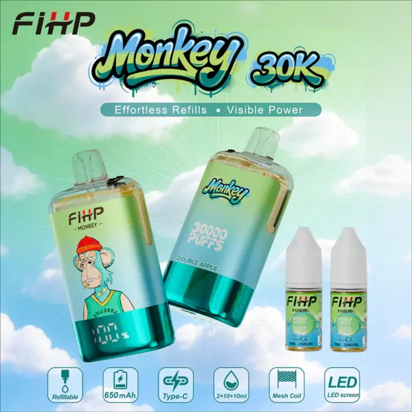 FiHP Monkey 30K refillable vape devices and refill bottles in green and cyan colorways