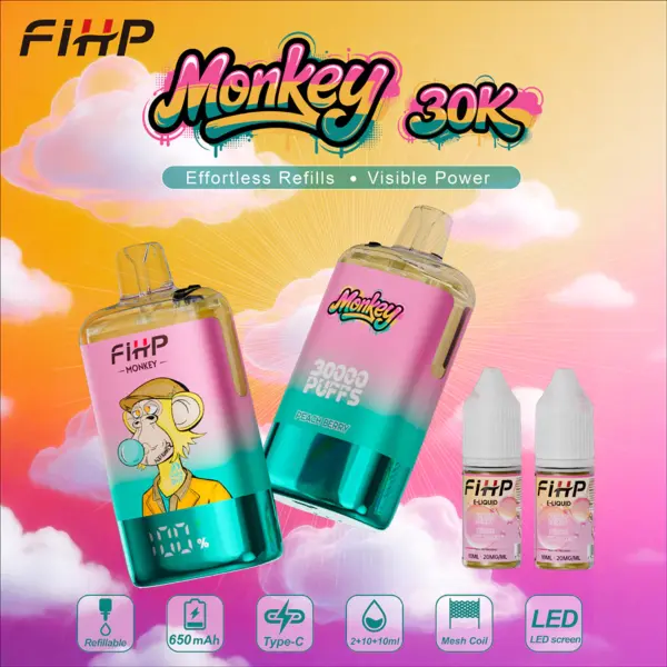 FiHP Monkey 30K refillable vape devices and refill bottles in orange and teal colorways