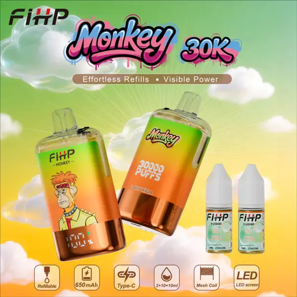 FiHP Monkey 30K refillable vape devices and refill bottles in lime and orange colorways