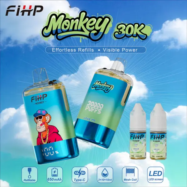 FiHP Monkey 30K refillable vape devices and refill bottles in blue and cyan colorways