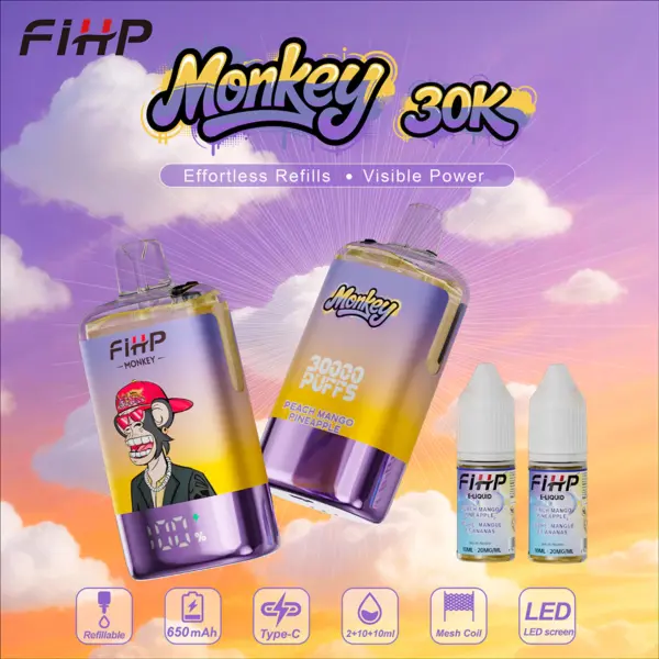FiHP Monkey 30K refillable vape devices and refill bottles in yellow and purple colorways