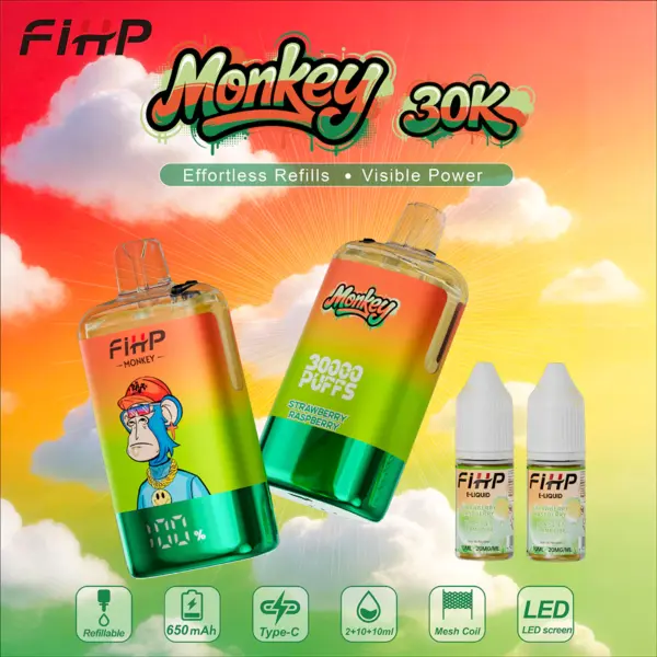 FiHP Monkey 30K refillable vape devices and refill bottles in green and yellow colorways