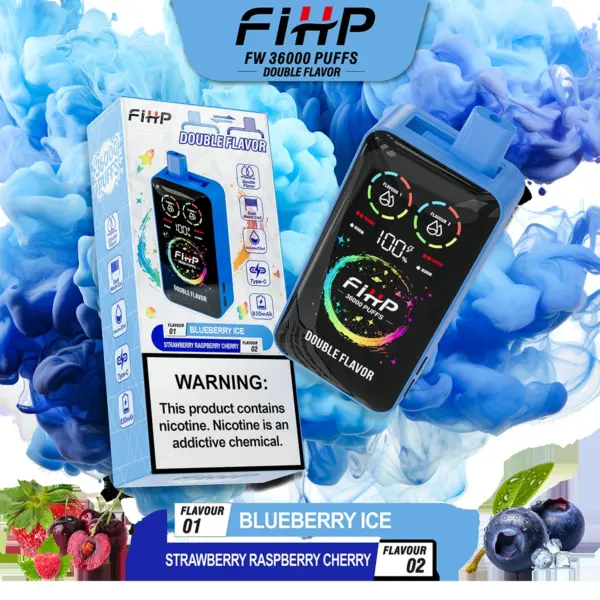 FiHP 36K 2-in-1 disposable vape and package for Blueberry Ice and Strawberry Raspberry flavors