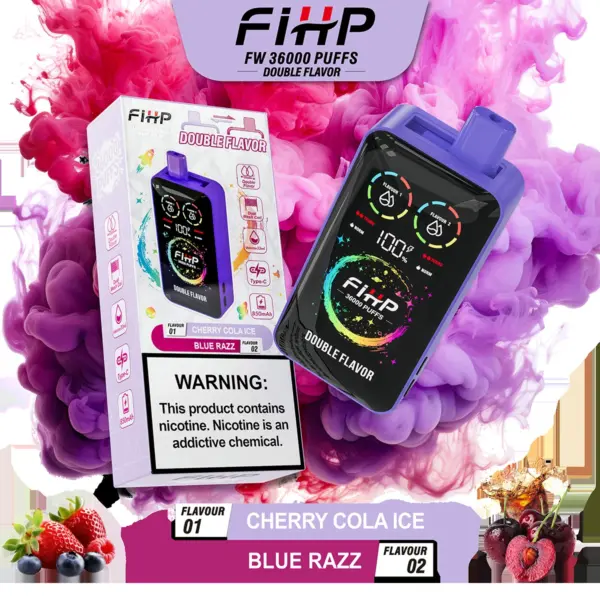 FiHP 36K 2-in-1 disposable vape and package for Cherry Cola Ice and Blue Razz flavors
