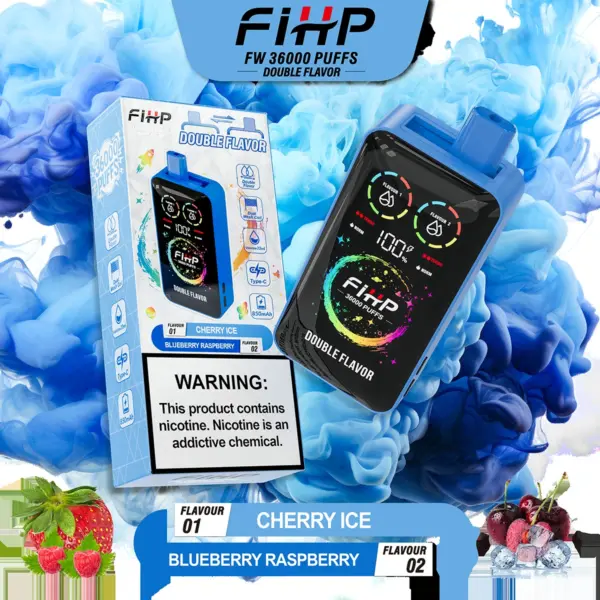 FiHP 36K 2-in-1 disposable vape and package for Cherry Ice and Blueberry Raspberry flavors