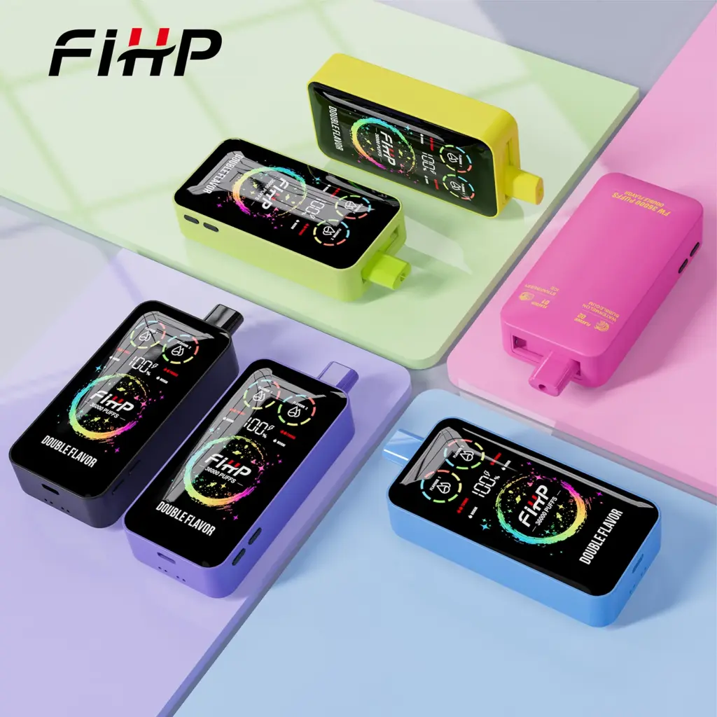 FiHP 36K 2-in-1 disposable vapes arranged in four colorways with full-screen displays