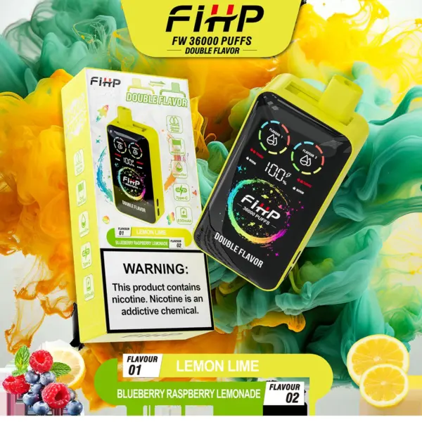 FiHP 36K 2-in-1 disposable vape and package for Lemon Lime and Blueberry Raspberry flavors