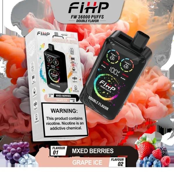 FiHP 36K 2-in-1 disposable vape and package for Mixed Berries and Grape Ice flavors