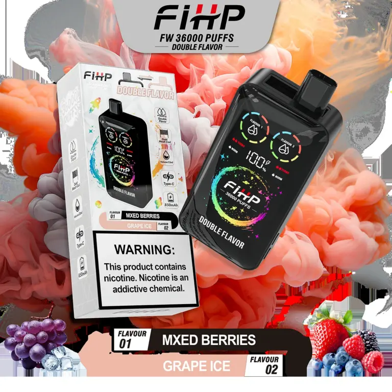 FiHP 36K 2-in-1 disposable vape and package for Mixed Berries and Grape Ice flavors