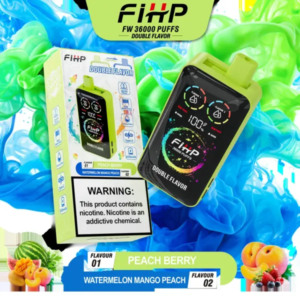 FiHP 36K 2-in-1 disposable vape and package for Peach Berry and Watermelon Mango Peach flavors
