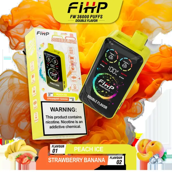 FiHP 36K 2-in-1 disposable vape and package for Peach Ice and Strawberry Banana flavors