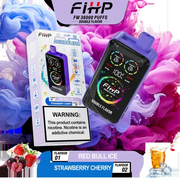 FiHP 36K 2-in-1 disposable vape and package for Red Bull Ice and Strawberry Cherry flavors