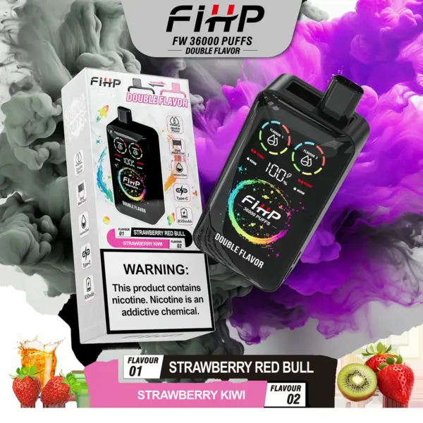 FiHP 36K 2-in-1 disposable vape and package for Strawberry Red Bull and Strawberry Kiwi flavors