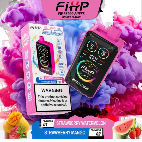 FiHP 36K 2-in-1 disposable vape and package for Strawberry Watermelon and Strawberry Mango flavors