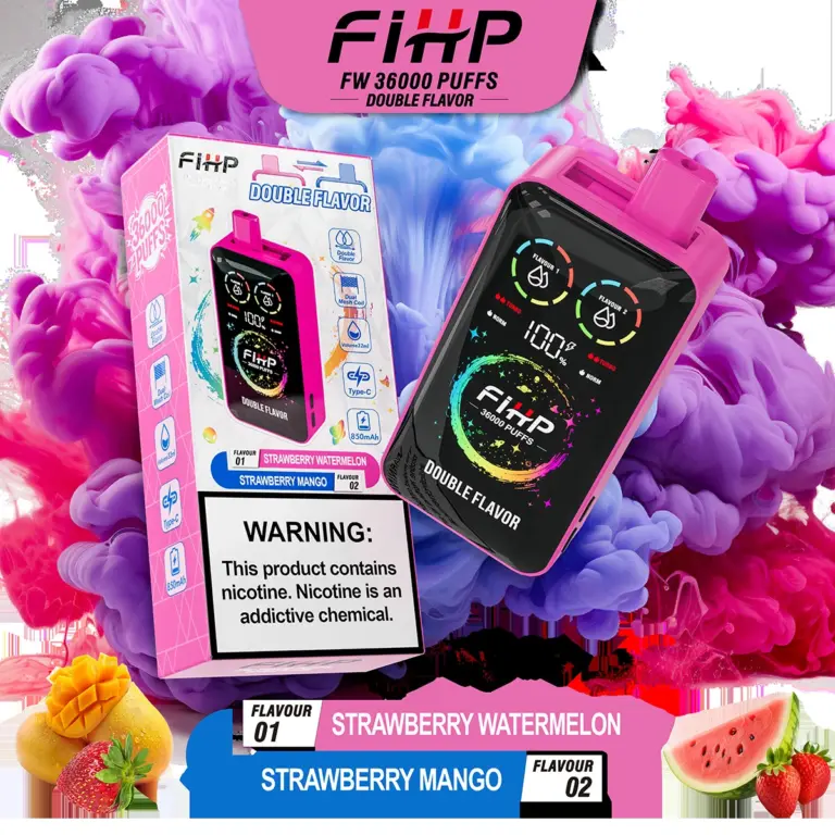 FiHP 36K 2-in-1 disposable vape and package for Strawberry Watermelon and Strawberry Mango flavors