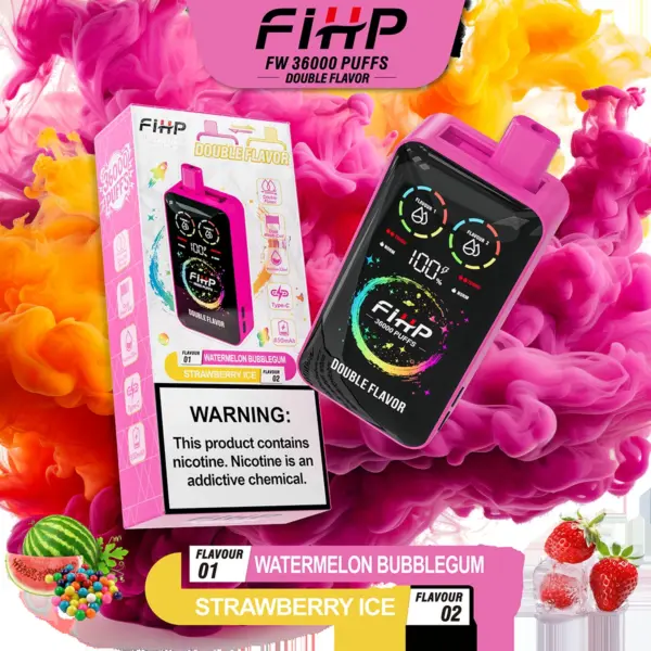 FiHP 36K 2-in-1 disposable vape and package for Watermelon Bubblegum and Strawberry Ice flavors