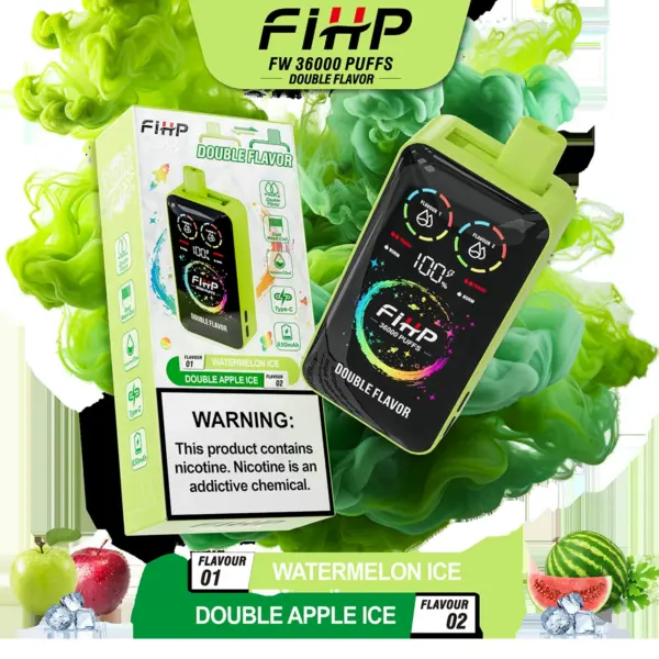 FiHP 36K 2-in-1 disposable vape and package for Watermelon Ice and Double Apple Ice flavors