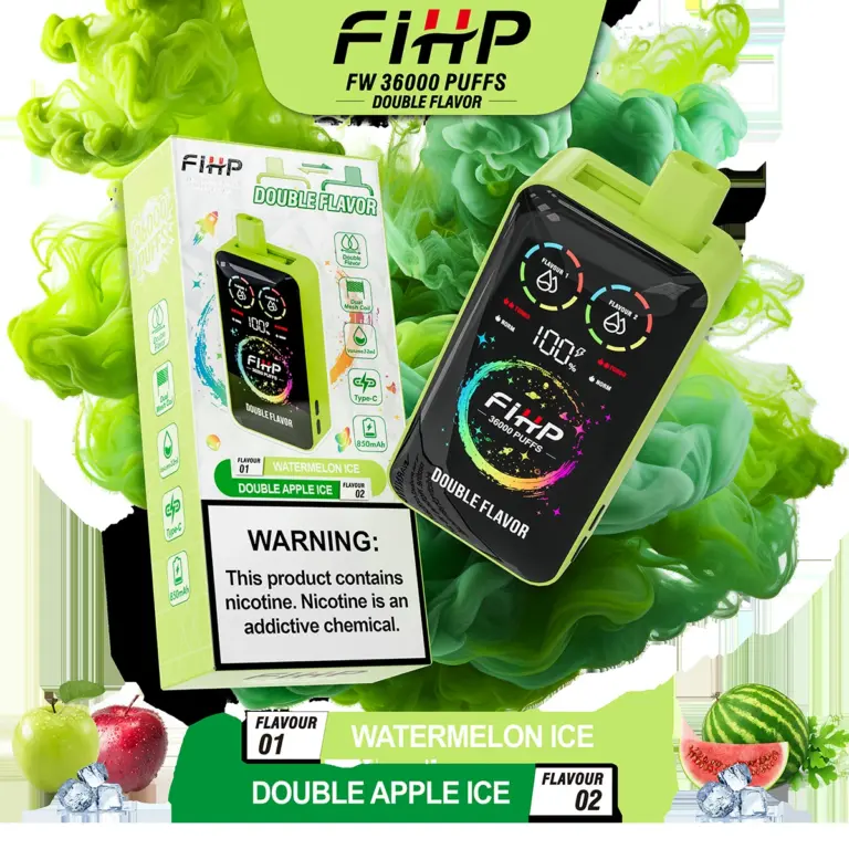 FiHP 36K 2-in-1 disposable vape and package for Watermelon Ice and Double Apple Ice flavors