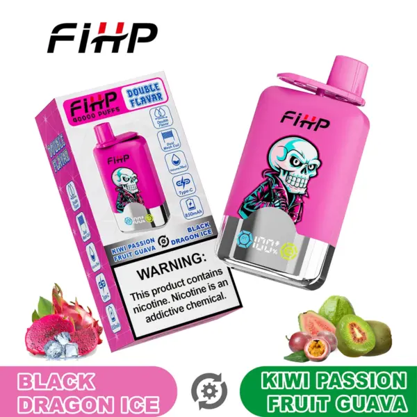 FiHP 40K 2-in-1 disposable vape and package for Black Dragon Ice and Kiwi Passion Fruit Guava flavors