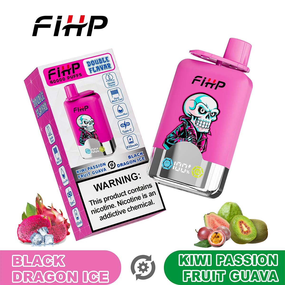 FiHP 40K 2-in-1 disposable vape and package for Black Dragon Ice and Kiwi Passion Fruit Guava flavors