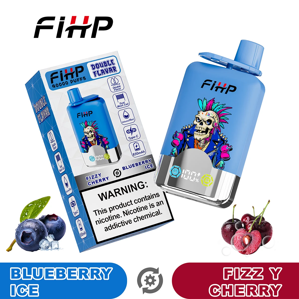 FiHP 40K 2-in-1 disposable vape and package for Blueberry Ice and Fizzy Cherry flavors