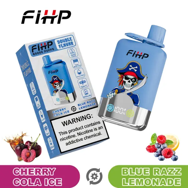 FiHP 40K 2-in-1 disposable vape and package for Cherry Cola Ice and Blue Razz Lemonade flavors