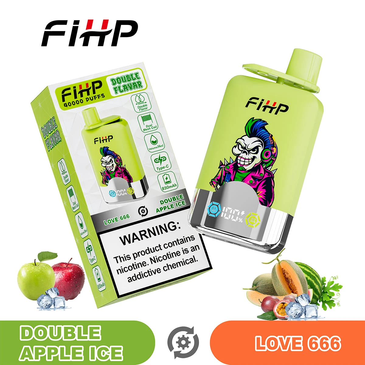FiHP 40K 2-in-1 disposable vape and package for Double Apple Ice and Love 666 flavors