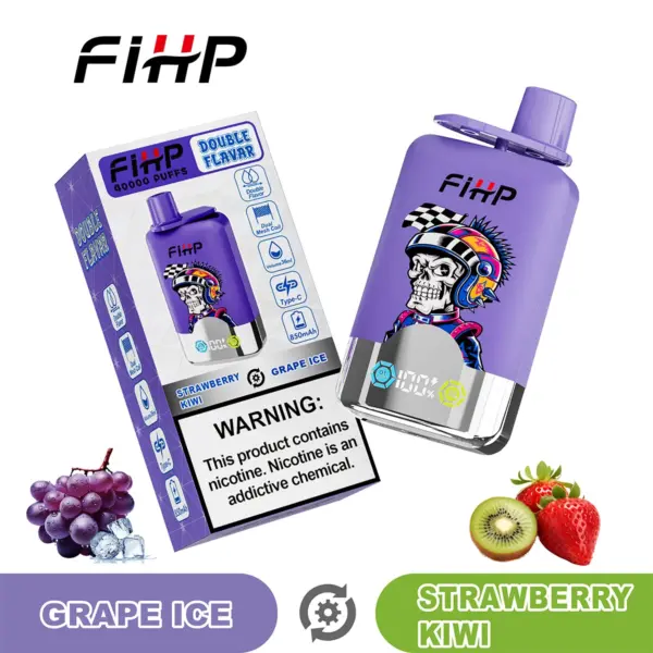 FiHP 40K 2-in-1 disposable vape and package for Grape Ice and Strawberry Kiwi flavors